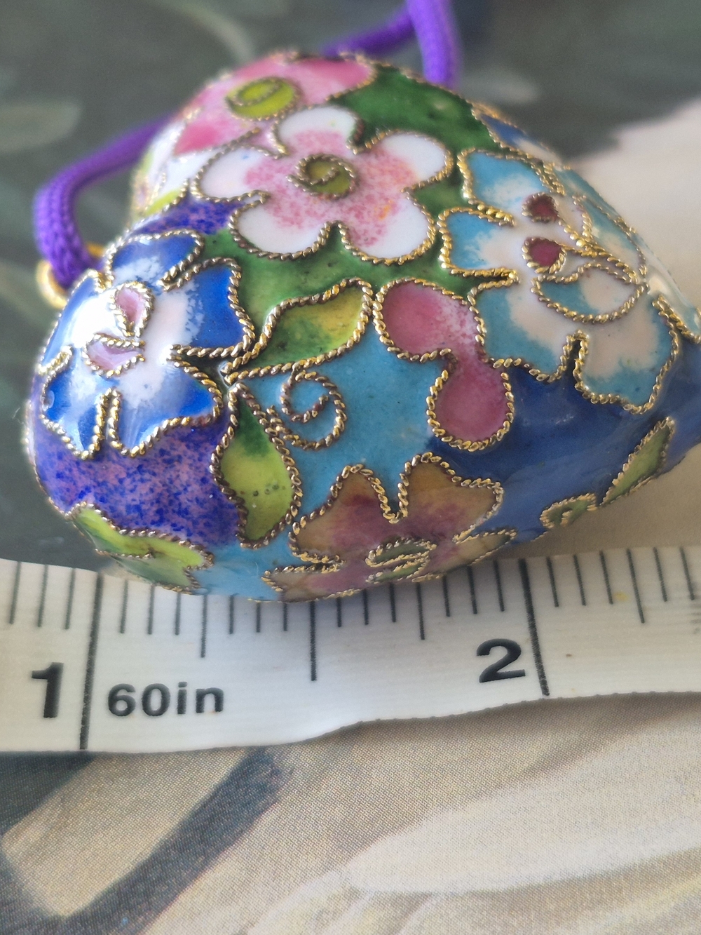 Floral Cloisonné Heart Pendant Necklace - Purple, Blue & Green - Picture 8 of 10